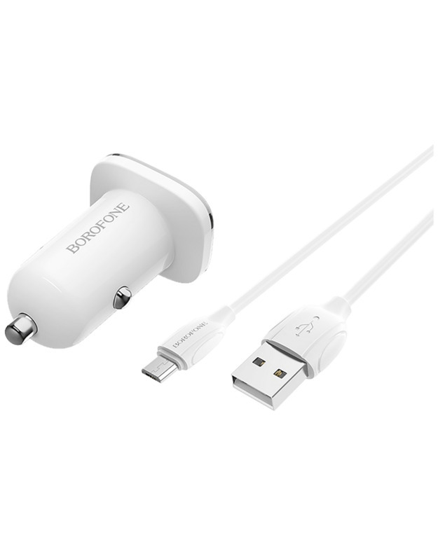 Automobilinis įkroviklis Borofone BZ12 USB + microUSB (2.4A) baltas