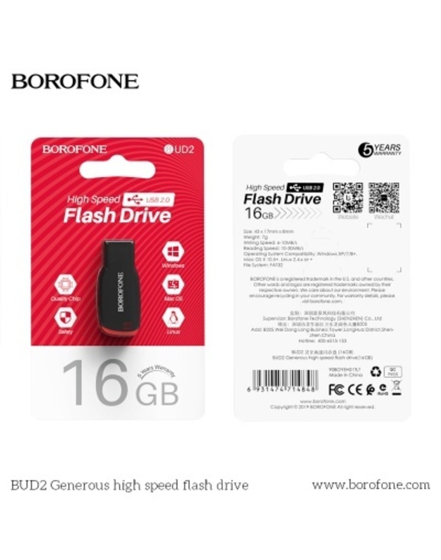 USB atmintinė BOROFONE BUD2, USB 2.0, 16 GB, juoda