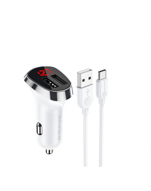 Automobilinis maitinimo šaltinis 2 USB Borofone BZ15, Auspicious, 2400mA, 12W, C tipo laidas, spalva: balta