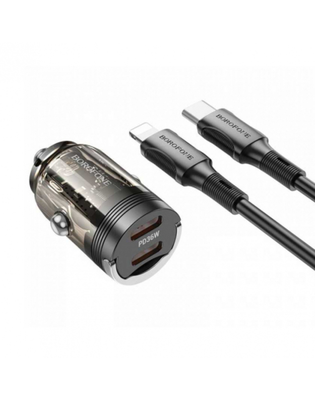 Automobilinis maitinimo šaltinis 2 „Type-C“ „Borofone BZ29B“, 5V, 3.0A, 36W, PD, QC, FCP, AFC, „Type-C“ laidas, 8 kontaktų, 1.0m, spalva: juoda, permatoma