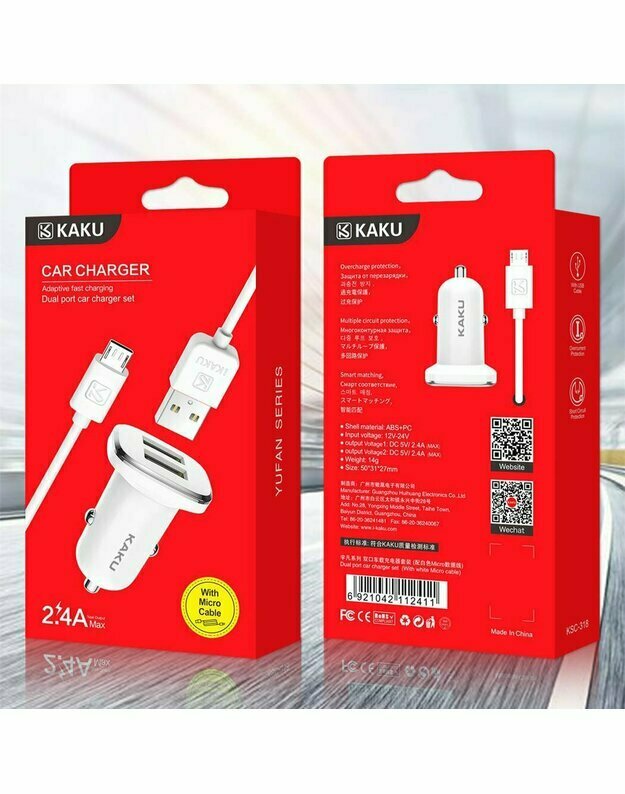 Automobilinis įkroviklis 2.4A 2xUSB + laidas „Micro USB“ KAKU „Yufan“ dviejų prievadų įkroviklis (KSC-318) baltas