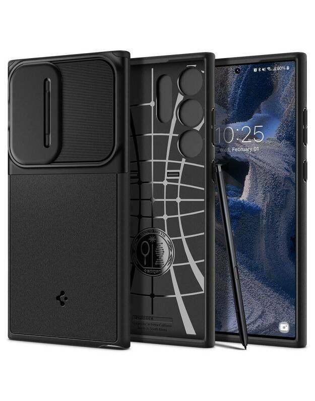 Juodas dėklas Samsung Galaxy S23 Ultra telefonui "Spigen Optik Armor"