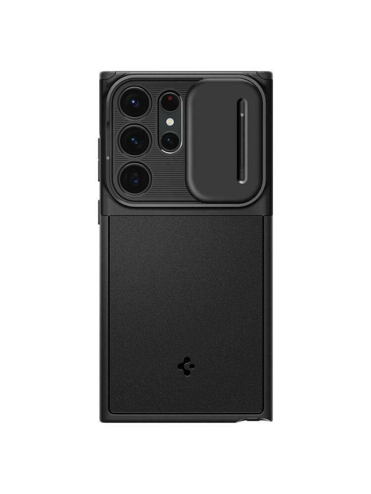 Juodas dėklas Samsung Galaxy S23 Ultra telefonui "Spigen Optik Armor"