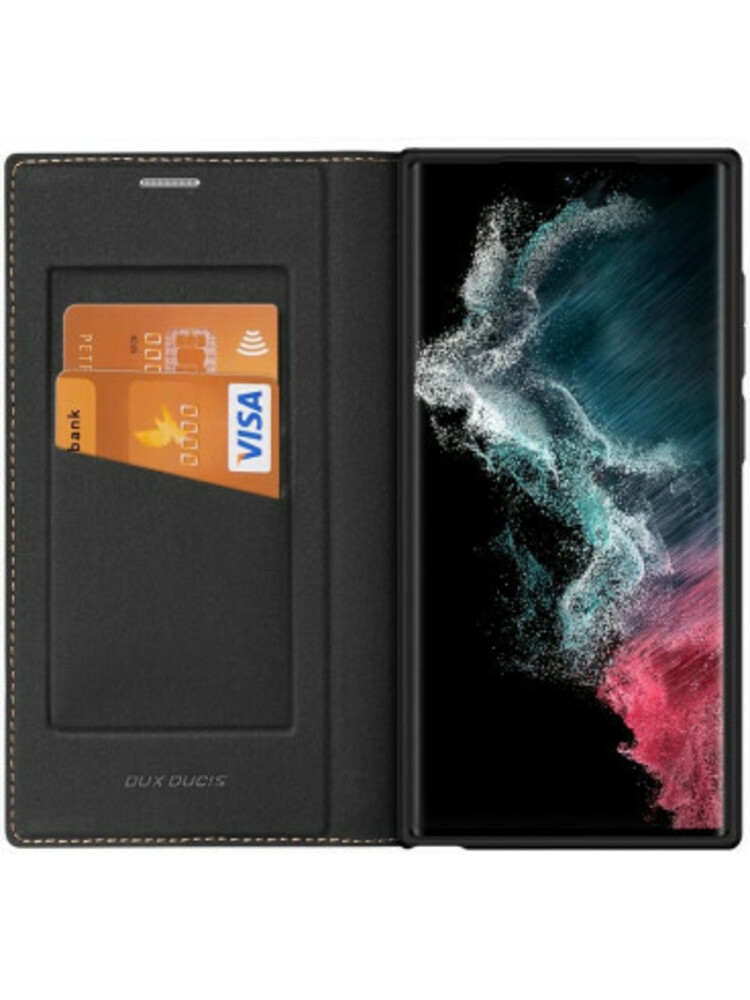 Juodas atverčiamas dėklas Samsung Galaxy S23 Ultra 5G telefonui "Dux Ducis Skin X2"