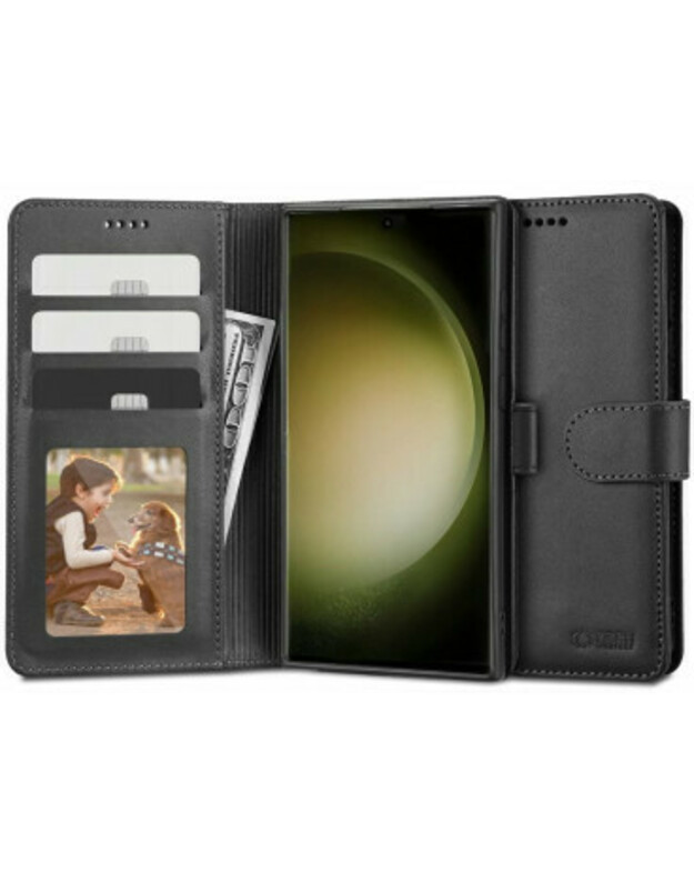 Juodas atverčiamas dėklas Samsung Galaxy S23 Ultra telefonui "Tech-protect Wallet"