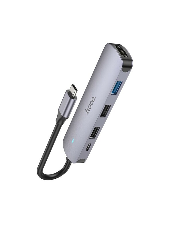 Adapteris Hoco HB27 Type-C Multi-Function Converter HDMI+USB3.0+USB2.0*2+PD pilkas