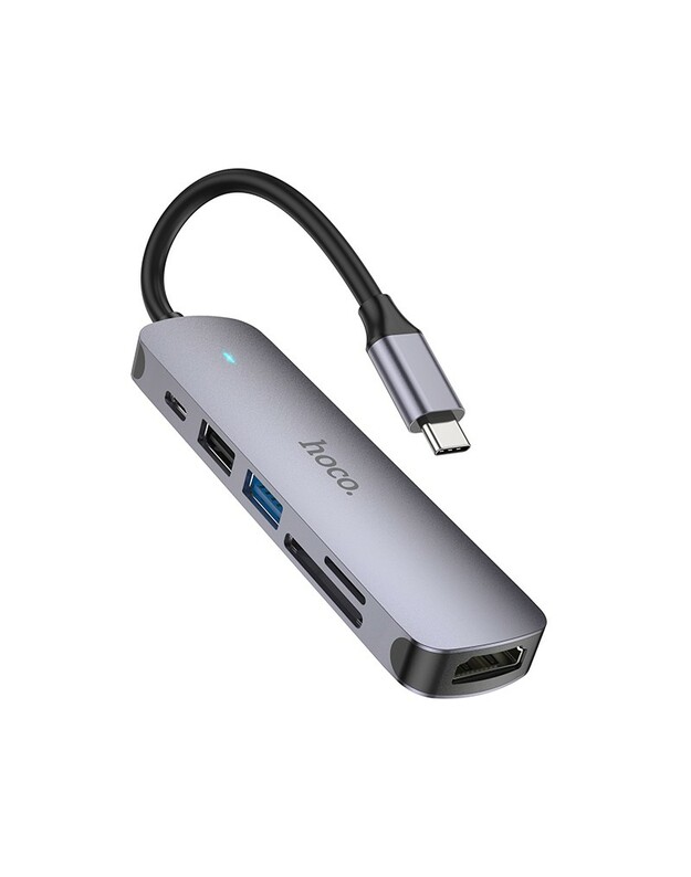 Adapteris Hoco HB28 Type-C Multi-Function Converter HDMI+USB3.0+USB2.0+SD+TF+PD pilkas