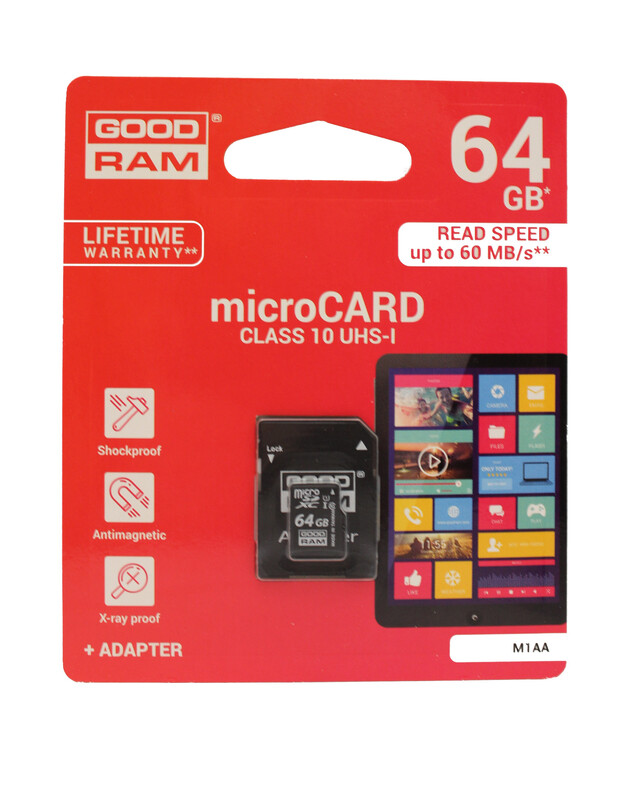 Atminties korta Goodram microSD 64Gb UHS I (class 10) + SD adapter