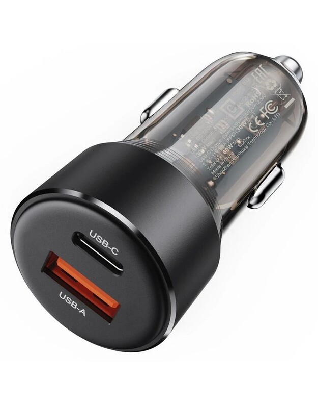 Automobilinis įkroviklis Acefast B12 60W USB-C/USB-A juodas