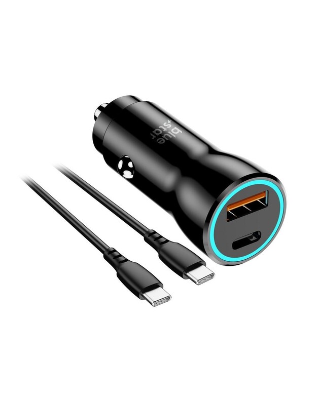 Automobilinis įkroviklis Blue Star 30W USB-C/USB-A + USB-C to USB-C 60W cable 1.0m juodas