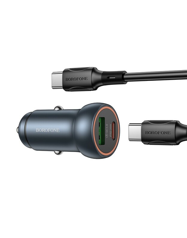 Automobilinis įkroviklis Borofone BZ32A USB-C/USB-A 30W + USB-C to USB-C cable pilkas