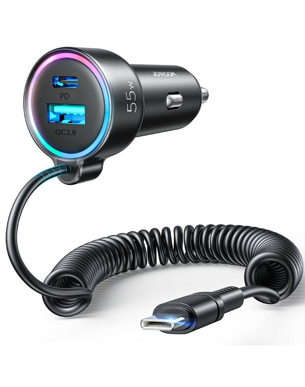 Automobilinis įkroviklis Joyroom JR-CL07 3-in-1 USB/Type-C 55W + Type-C 1.5m juodas