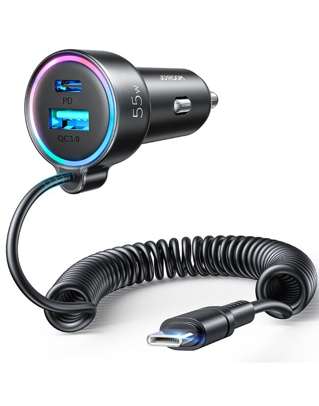 Automobilinis įkroviklis Joyroom JR-CL07 3-in-1 USB/Type-C 55W + Type-C 1.5m juodas
