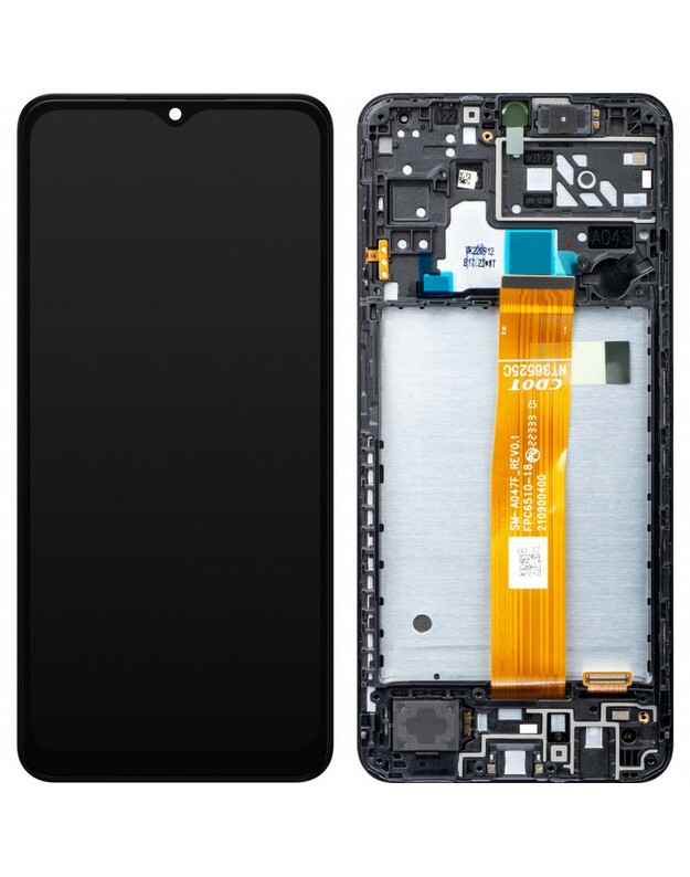 Ekranas Samsung A047 A04s su lietimui jautriu stikliuku ir rėmeliu originalus Black (service pack)