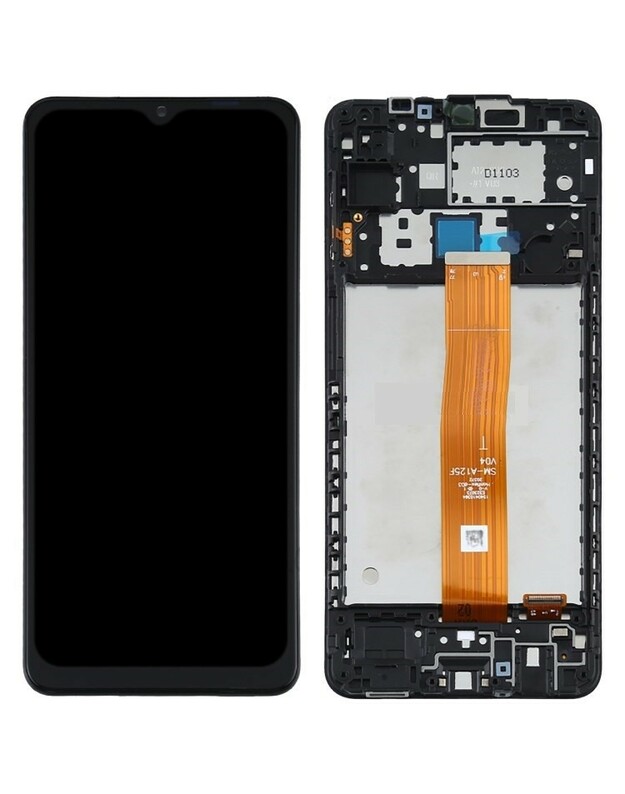 Ekranas Samsung A125 A12 su lietimui jautriu stikliuku ir rėmeliu originalus Black (service pack)