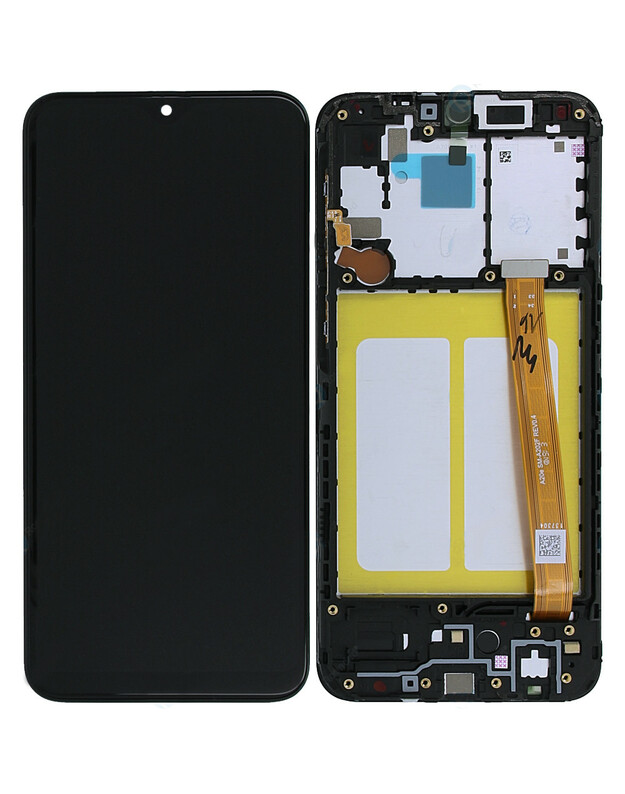 Ekranas Samsung A202 A20e su lietimui jautriu stikliuku ir rėmeliu originalus Black (service pack)