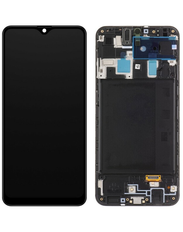 Ekranas Samsung A205 A20 su lietimui jautriu stikliuku ir rėmeliu originalus Black (service pack)