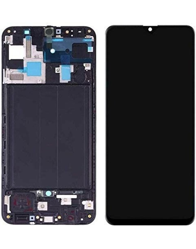 Ekranas Samsung A505 A50 su lietimui jautriu stikliuku ir rėmeliu juodas OLED (real size)