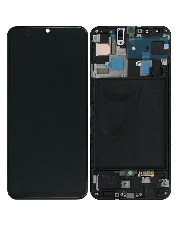 Ekranas Samsung A505 A50 su lietimui jautriu stikliuku ir rėmeliu originalus Black (service pack)