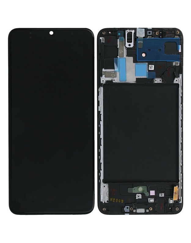 Ekranas Samsung A705 A70 su lietimui jautriu stikliuku su rėmeliu juodas (real size) OLED