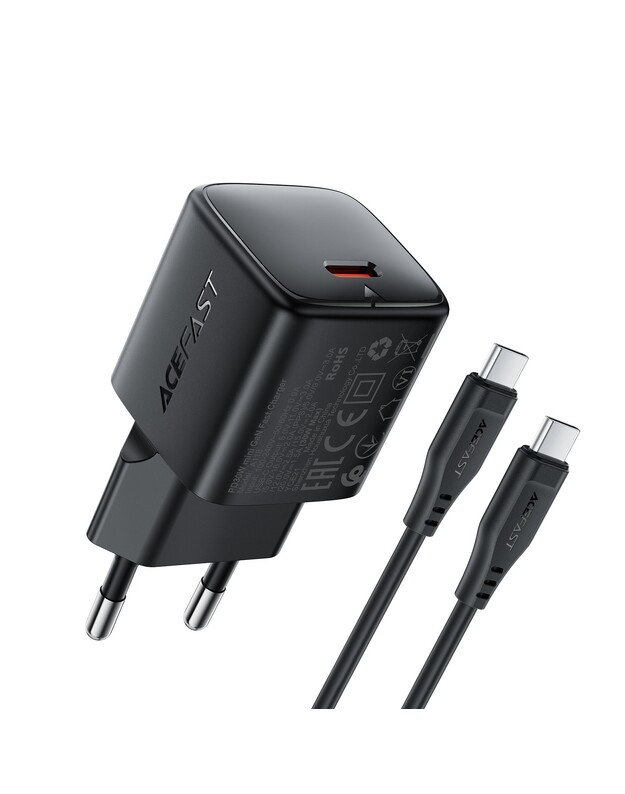 Įkroviklis Acefast A118 30W GaN USB-C + USB-C to USB-C cable 1.2m juodas