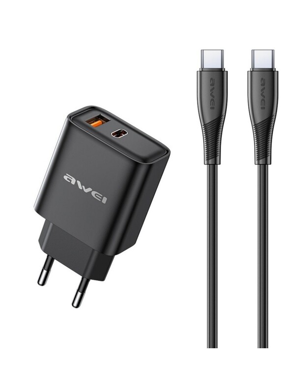 Įkroviklis Awei PD81C-EU 22.5W USB-A/USB-C + USB-C to USB-C cable 1.0m juodas