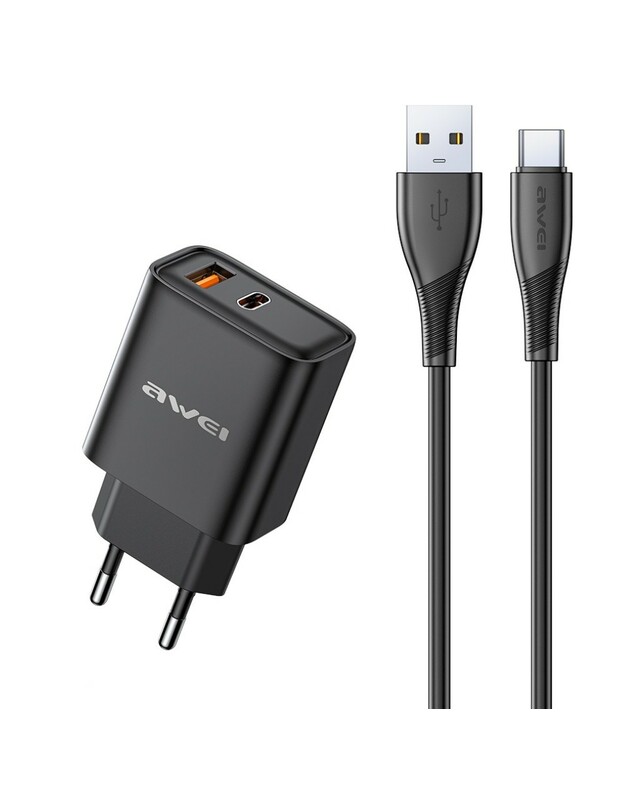 Įkroviklis Awei PD81T-EU 22.5W USB-A/USB-C + USB-A to USB-C cable 1.0m juodas