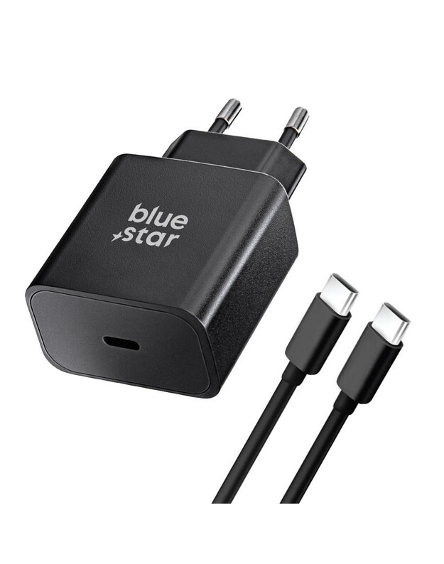 Įkroviklis Blue Star 25W USB-C + USB-C to USB-C cable juodas