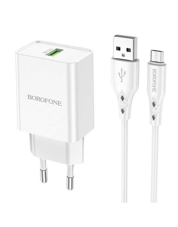 Įkroviklis Borofone BN5 18W USB-A + USB-A to MicroUSB cable 1.0m baltas