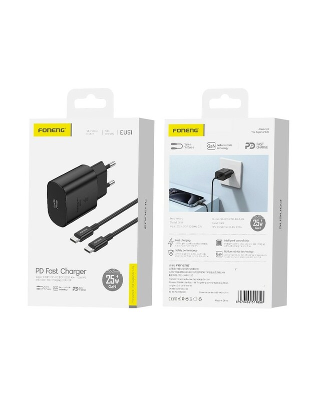 Įkroviklis Foneng EU51 GaN 25W USB-C + USB-C to USB-C cable juodas