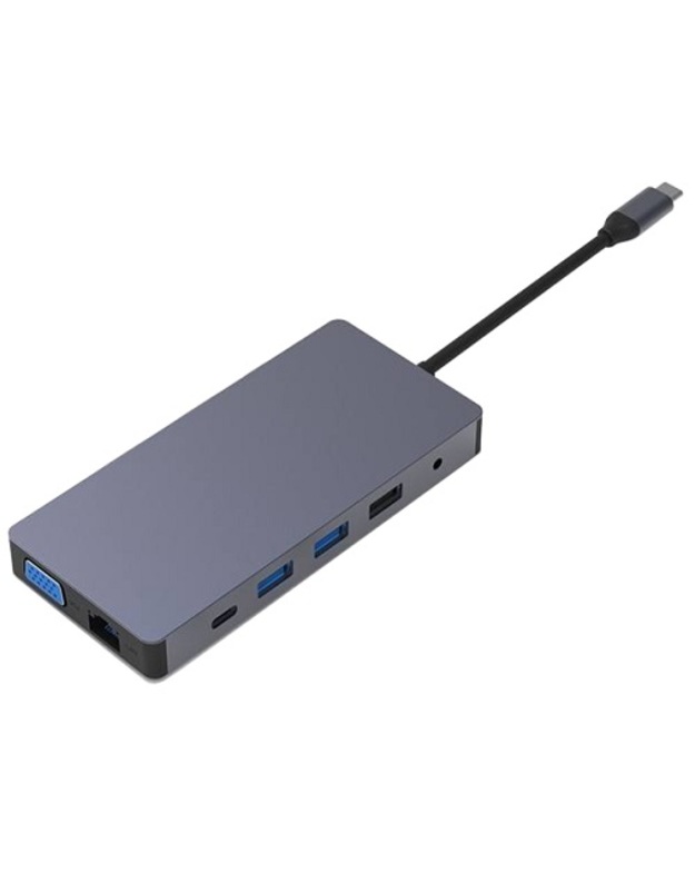 Adapteris USB Type-C - 2x HDMI, VGA, LAN, 3x USB Type-A, SD, TF, USB Type-C PD100W, Aux