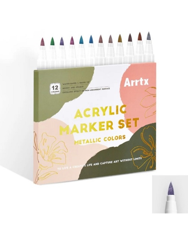 Akriliniai markeriai - flomasteriai ARRTX, 12 spalvų, metalinių atspalvių