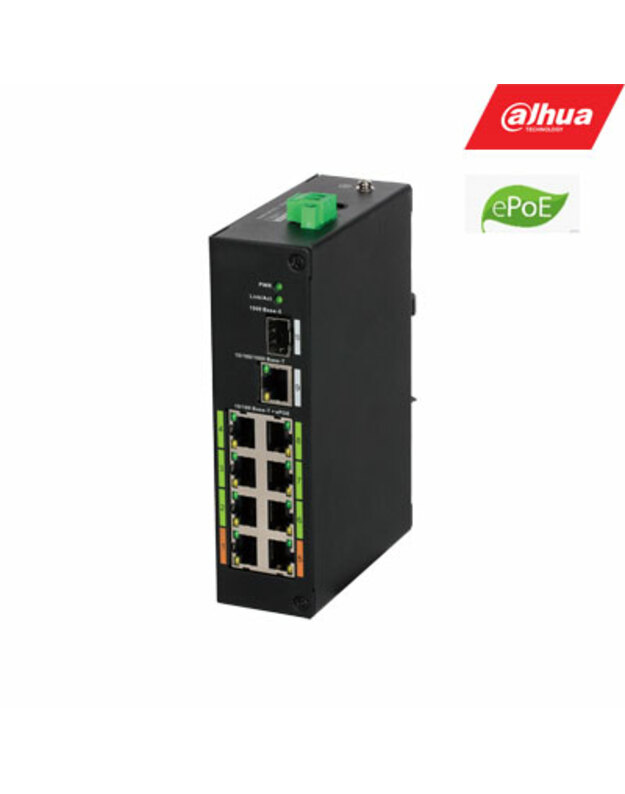 ePoE šakotuvas 100Mbps 8portu+1G uplink + 1SFP, ePoE iki 800m, Hi-PoE