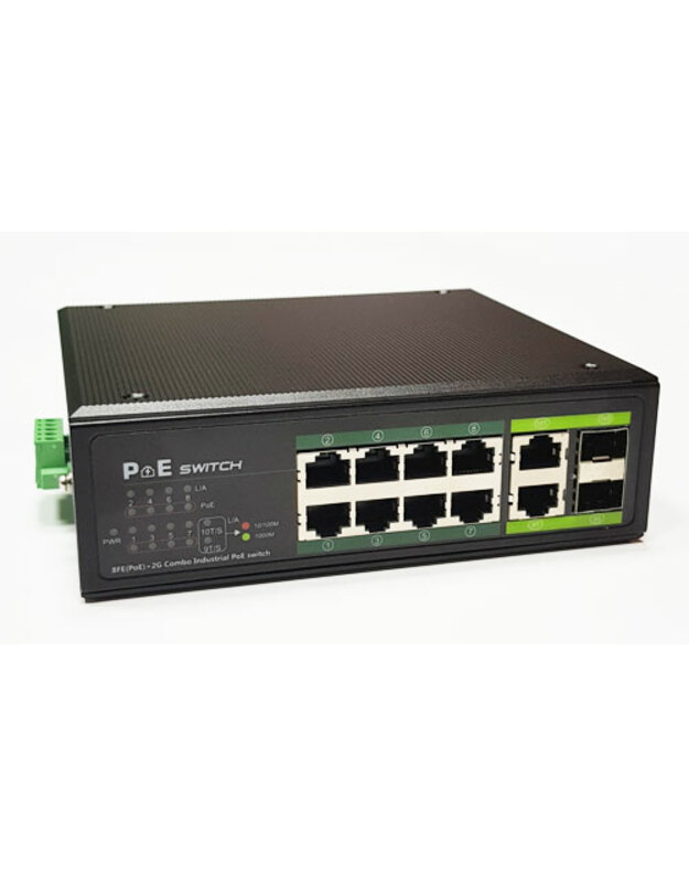 Industrinis PoE šakotuvas 100Mbps 8portų+2G uplink RJ45 arba SFP portai, -40 °C, IEEE802.3af/at