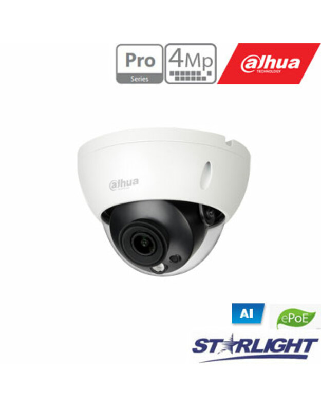 IP kam. AI 4M 2K kupol. STARLIGHT + su LXIR iki 50m, 4MP(2688x1520)1~25fps, 2.8mm, H.265+, ePoE,IK10