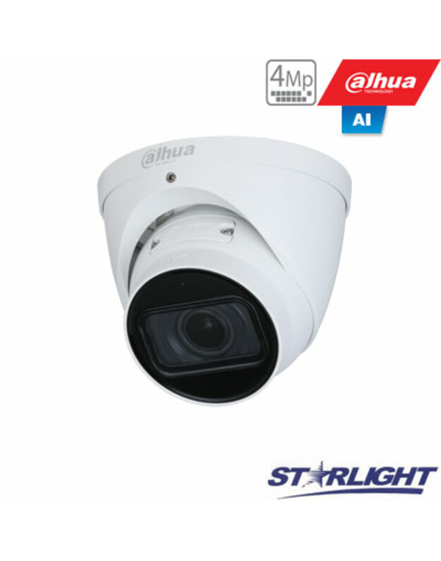 IP kamera kupol. 4MP STARLIGHT AI, IR pašv. iki 40m, 1/3” 2.7~13.5mm. automatinis obj, SMD, IVS