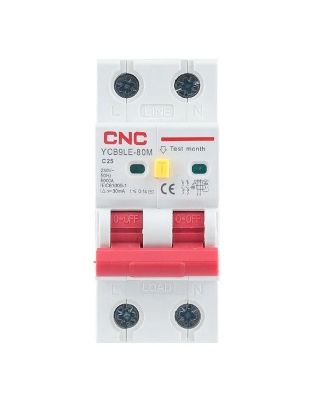 Nuotėkio relė su automatiniu išjungikliu, 2P, 25A, C klasės, 30mA, 6kA