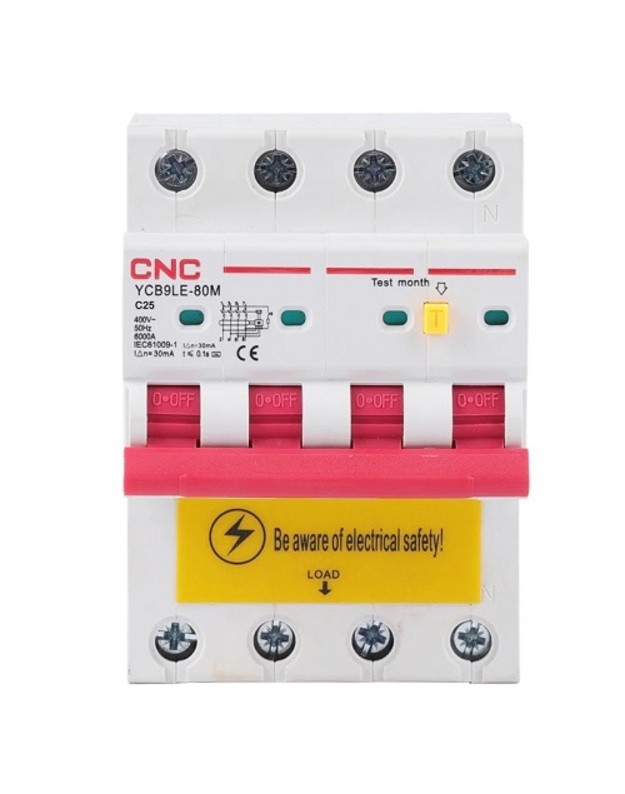Nuotėkio relė su automatiniu išjungikliu, 4P, 25A, C klasės, 30mA, 6kA