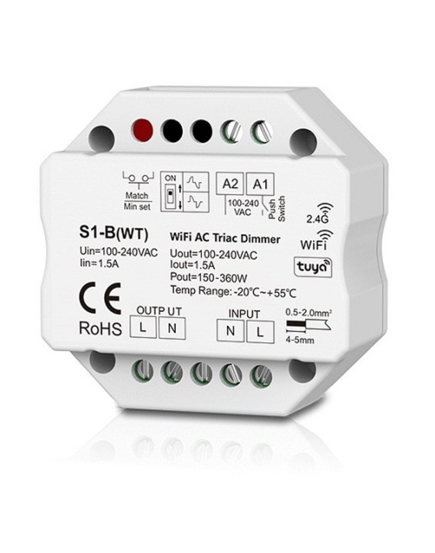 S1-B(WT) vieno kanalo 230V valdiklis, TRIAC, Push-Dimm, Tuya, Wi-Fi