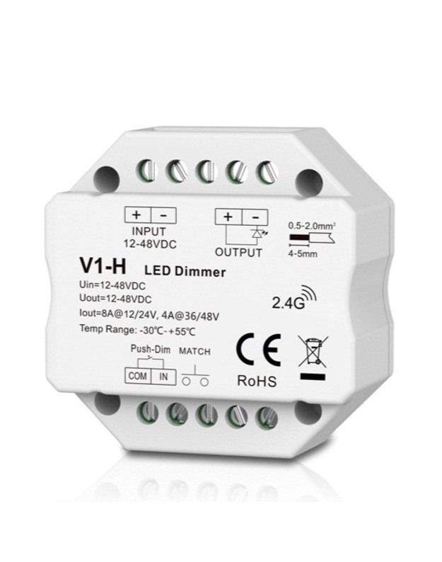V1-H nuolatinės įtampos valdiklis 12-48V, 1x 8A, Push-Dimm