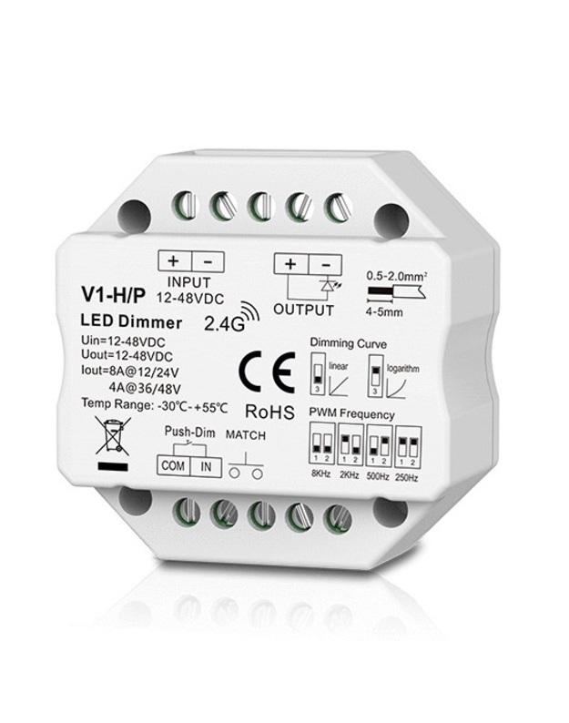 V1-H/P nuolatinės įtampos valdiklis, 12-48V, 1x 8A, Push-Dimm