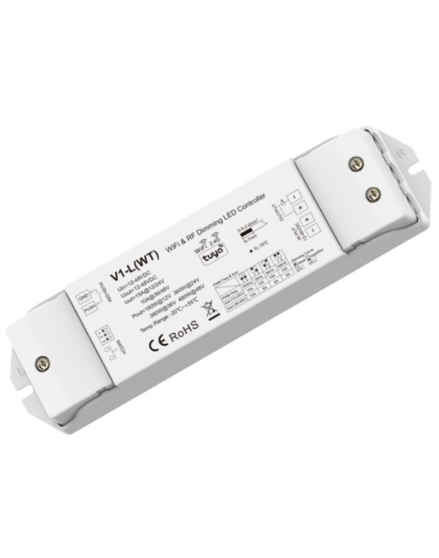 V1-L(WT) nuolatinės įtampos valdiklis 12-48V, 1x15A, Push-Dimm, Tuya, Wi-Fi