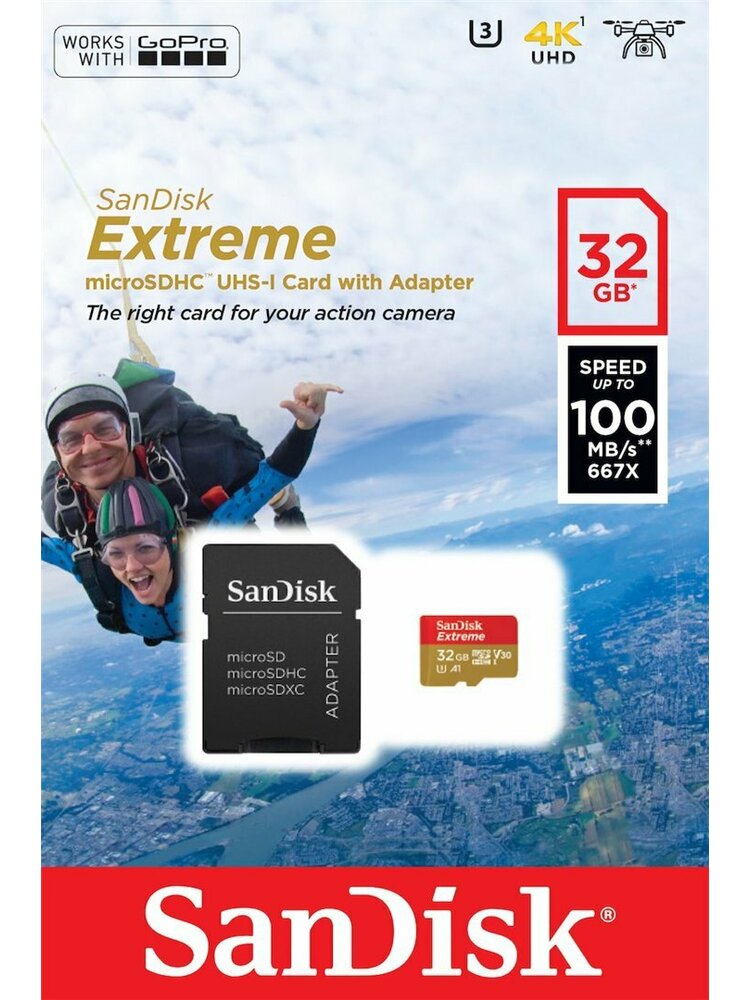 Atm. kortelė SANDISK Extreme microSDHC 32GB + adapteris, 100MB/s, U3, C10, V30, UHS-I/SDSQXAF-032G-GN6A