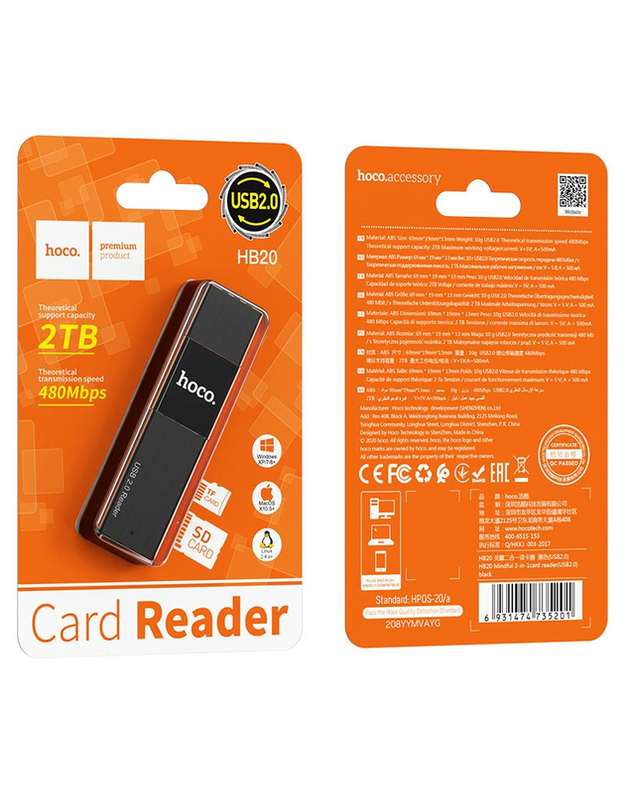 „Hoco HB20“ USB 2.0 2in1 atminties kortelių skaitytuvas