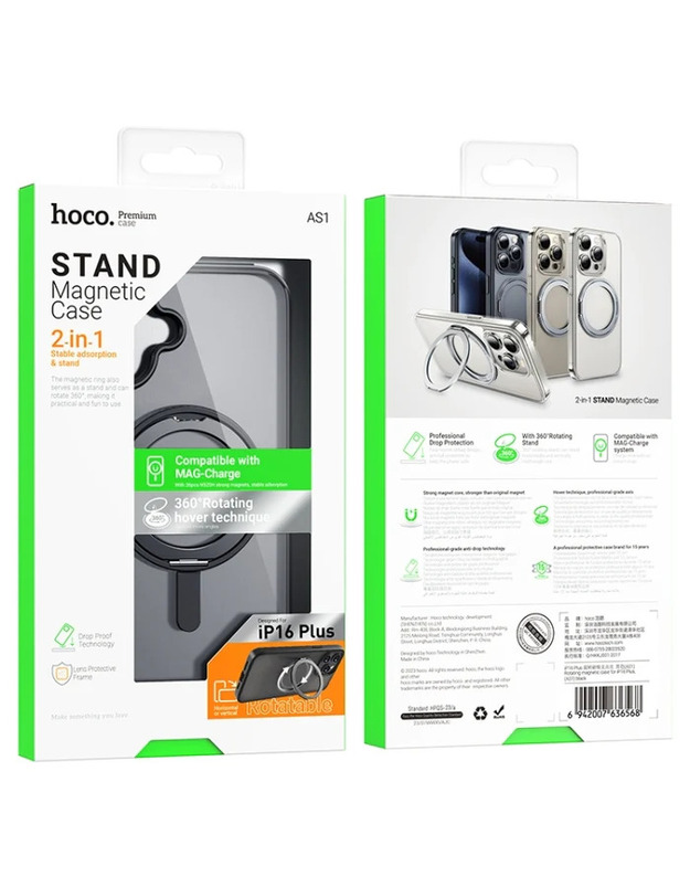 Apple iPhone 16 dėklas Hoco AS1 Magsafe 360 ​​magnetinis žiedas, juodas