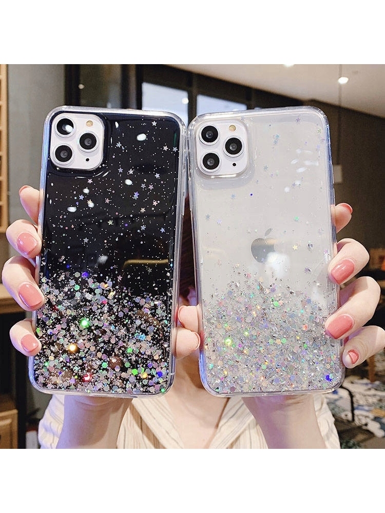IPHONE 13 dėklas su blizgučiais ir klijais, blizgučiais ir skaidriu dangteliu