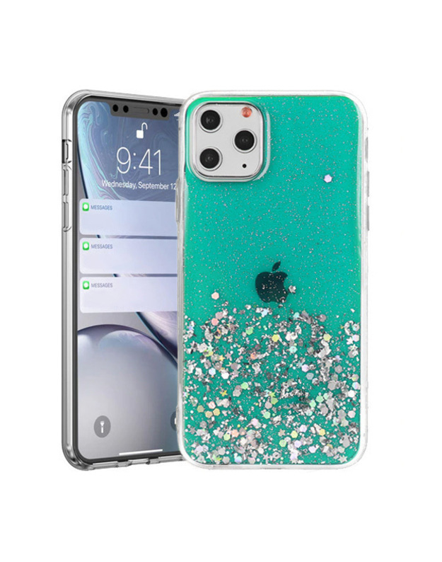 Briliantinis, skaidrus, žalias dėklas, skirtas „Samsung A22 4G“.