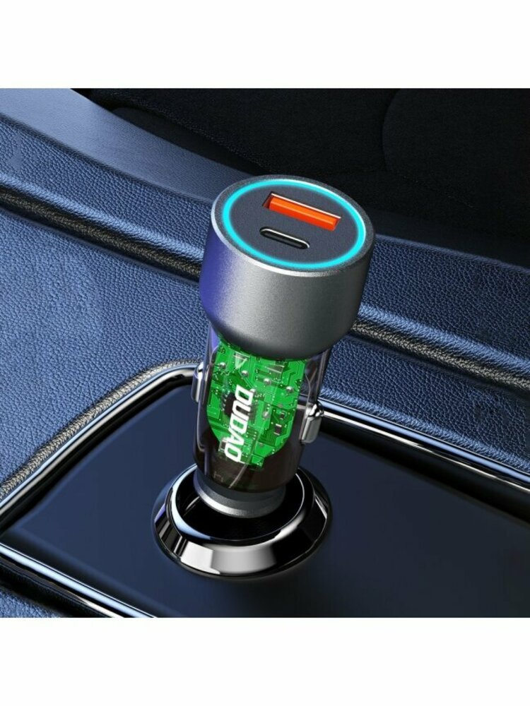 Automobilinis įkroviklis Dudao R4T, 30W, 3A, 1 x USB-A - 1 x USB-C, pilkas